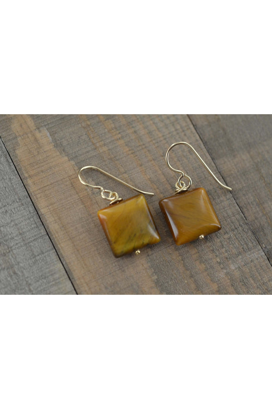 Rectangle Brown Tigers Eye Gemstone Gold Earrings