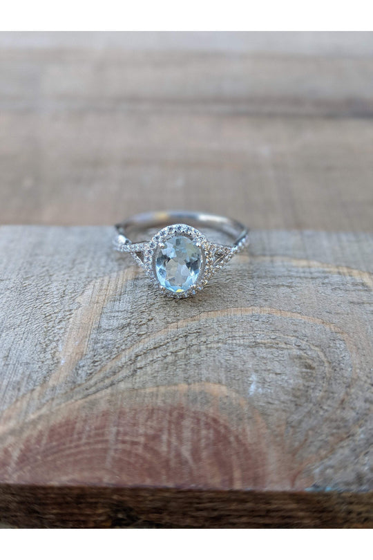 Aquamarine Ring, Blue Gemstone, CZ Engagement Ring