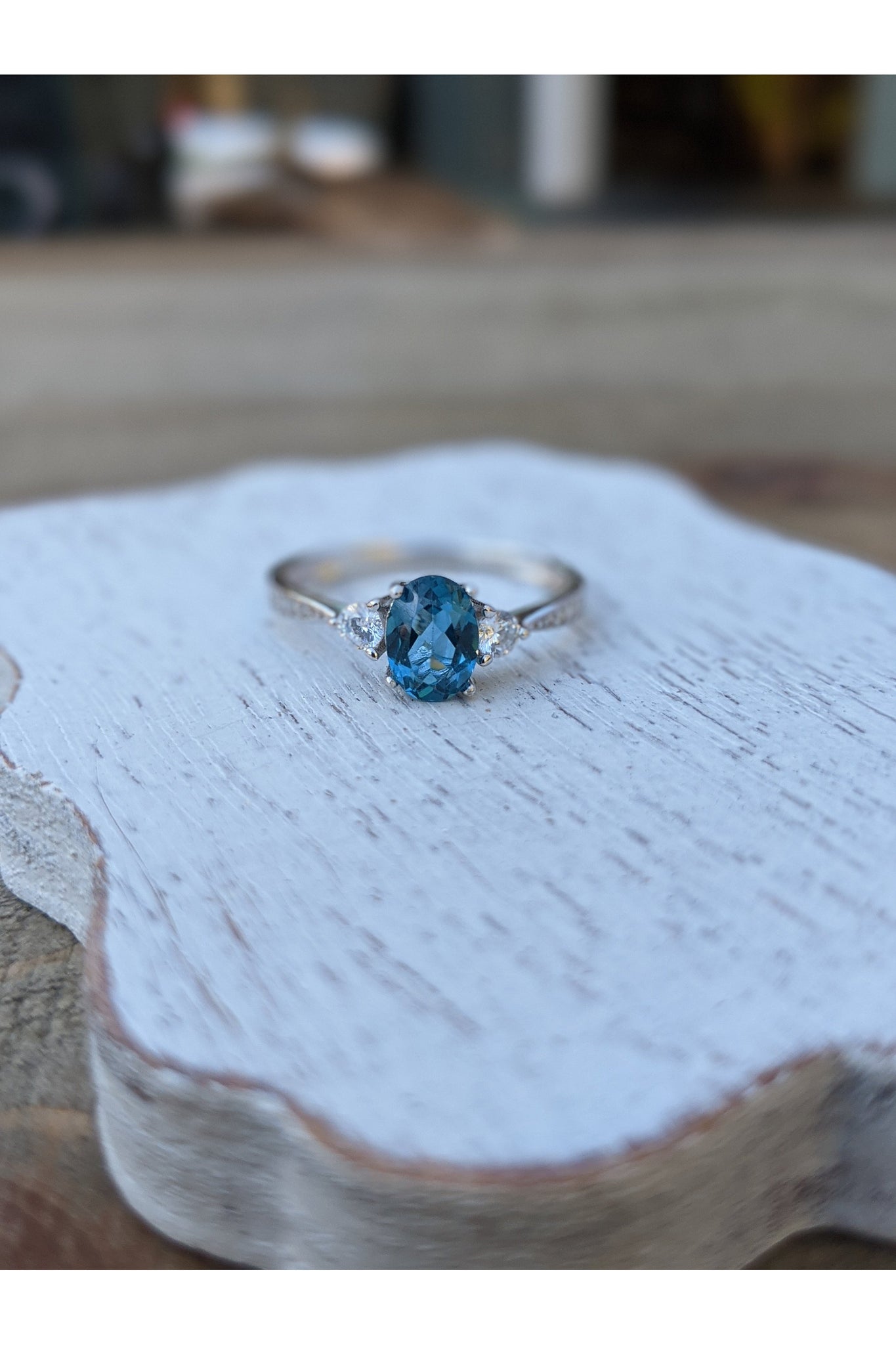 Gemstone Silver Ring, London Blue Topaz, CZ