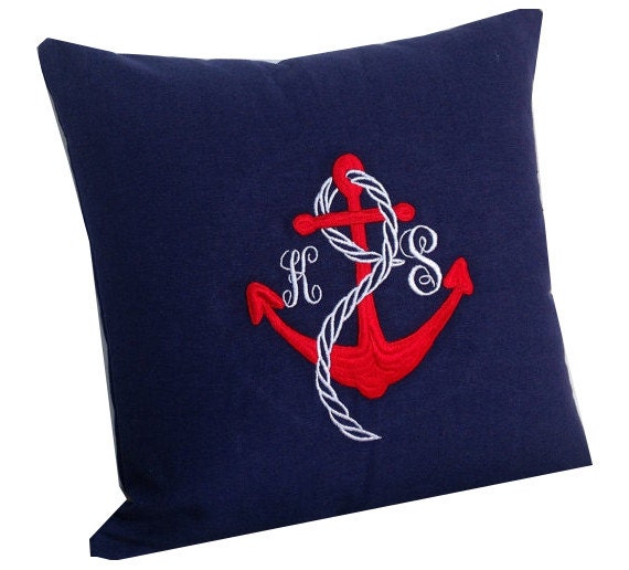 Embroidered pillow- Nautical monogram pillows- Custom letter and anchor throw pillows-16x16 wedding pillows-navy blue pillows