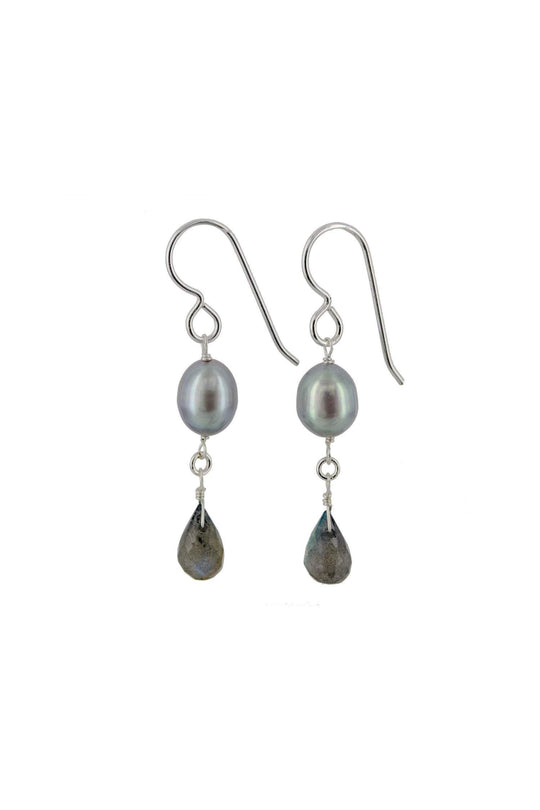 Labradorite , White Pearl Drop Earrings