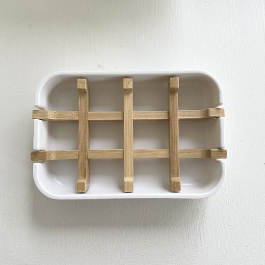 Bamboo Draining Soap Dish – White | Shampoo Bar Dish